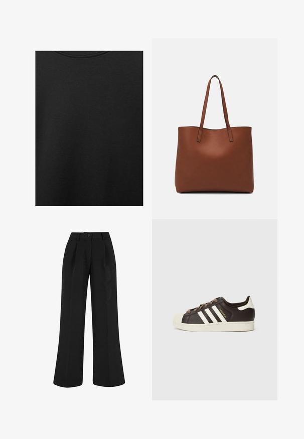 Zwarte katoen stof met een soepele textuur en een ronde halslijn, met een subtiele, gelijkmatige nerfpatroon. Geen zichtbare logo's of accenten.; Zwarte wijde broek met voorplooien, gemaakt van een gladde stof. Heeft een knoopsluiting en een getailleerd ontwerp.; Low-top Adidas Superstar sneaker in donkerbruin leer met crème shell-toe, witte strepen en de tekst "Superstar" aan de zijkant.; Bruine leren tote bag met een gladde textuur, een ontwerp met een open bovenkant en twee schouderbanden. Kenmerkt zich door minimale stiksels en geen zichtbare hardware.