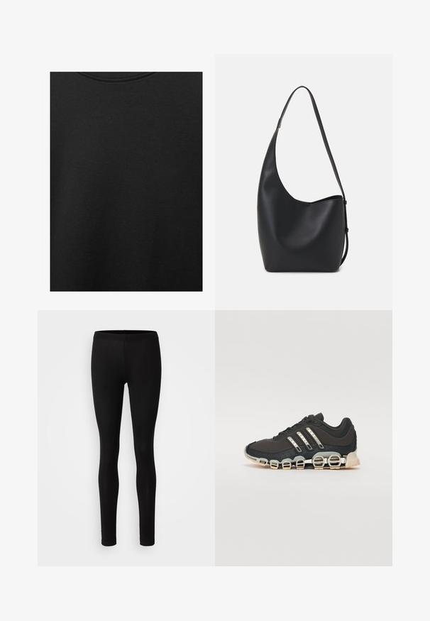 Čierna bavlnená tkanina s hladkou textúrou a okrúhlym výstrihom, s jemným, rovnomerným zrnom. Žiadne viditeľné logo ani akcenty.; Čierne legíny vyrobené z jemnej a elastickej látky. Majú úzky strih s elastickým pásom a hladkou matnou textúrou.; Čierna športová obuv s textúrovaným zvrškom, tromi striebornými pruhmi a charakteristickou podošvou s viacerými integrovanými sekciami.; Čierna kožená hobo taška so hladkou textúrou, zakriveným tvarom a jedným nastaviteľným popruhom; má široké otvorenie na vrchu.