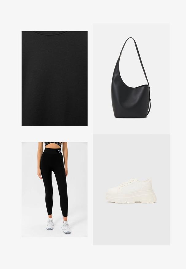 Crni pamučni materijal s glatkom teksturom i okruglim izrezom, s nježnim, ravnomjernim uzorkom. Nema vidljivih logotipa ili akcenata.; Crne rebraste tajice s visokim pojasom s logom, u kombinaciji s bijelim tenisicama, pokazujući uski kroj i mekanu teksturu.; Bijela platnena tenisica s debelim potplatom, zaobljenim vrhom i pet rupica za vezice. Stražnji tab za jednostavno obuvanje. Glatka tekstura, minimalistički dizajn.; Crna kožna hobo torba s glatkom teksturom, zakrivljenim oblikom i jednom podesivom trakicom; ima širok otvor na vrhu.