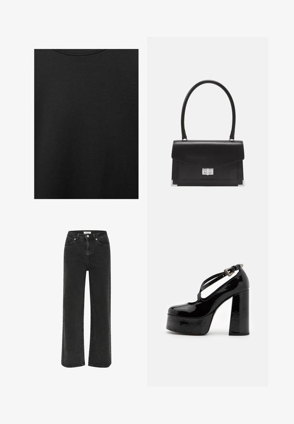 Black cotton fabric with smooth texture and a round neckline, featuring a subtle, even grain pattern. No visible logos or accents.; Black wide-leg jeans made of denim, featuring a high waist, front pockets, and a zip fly with button closure. Subtle fading on fabric.; The Kooples CHAUSSURES - High heels - black; Black leather handbag with a structured design, a top handle, and a silver clasp. Features corner accents and smooth texture.