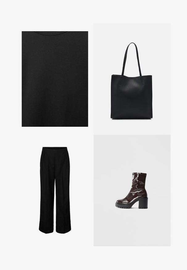 Zwarte katoen stof met een soepele textuur en een ronde halslijn, met een subtiele, gelijkmatige nerfpatroon. Geen zichtbare logo's of accenten.; Zwarte hoge taille wijde broek met voorkeursplooien en zijzakken, ontworpen voor formele of zakelijke kleding.; Glanzende bordeauxrode enkelboot met een chunky zwarte hak, met een gladde textuur en een eenvoudig ontwerp. Geen zichtbare sluitingen of patronen.; Zwarte leren handtas met een gladde textuur, rechthoekige vorm en twee lange handvaten. Geen zichtbare hardware of versieringen.