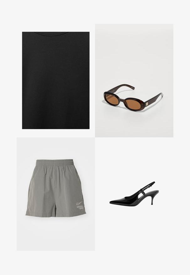 Fekete pamut anyag sima textúrával és kerek nyakkivágással, finom, egyenletes szemcsés mintázattal. Nincsenek látható logók vagy díszítések.; Szürke sportnadrág, rugalmas derékkal, könnyű anyagból, a bal alsó elülső részen nyomtatott Nike logóval.; Fekete lakk bőr slingback magassarkú cipő, hegyes orral, nyitott oldalvágásokkal, karcsú sarokkal és állítható boka pánttal.; Barna teknőcmintás napszemüveg, ovális lencsékkel, vékony kerettel és kis fém díszítéssel az oldalon. Texturált és sima felület.; Fekete bőr kézitáska egyedi legyezőformával, lapos füllel. A felülete kőriszerű textúrájú és minimalista dizájnnal rendelkezik.