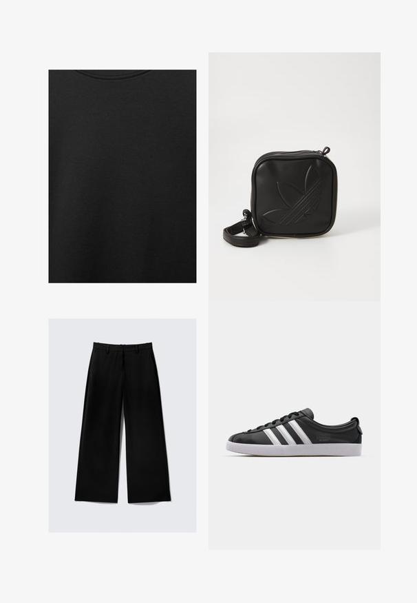 Tessuto di cotone nero con una texture liscia e scollatura rotonda, caratterizzato da un motivo a grana sottile e uniforme. Nessun logo o accento visibile.; Pantaloni neri a gamba larga con tasche laterali, passanti per cintura e chiusura con zip frontale su uno sfondo chiaro.; Sneaker in pelle nera con design a tre strisce bianche, punta arrotondata, suola piatta in gomma bianca e dettaglio del marchio sul lato.; Borsa a tracolla nera realizzata in materiale sintetico testurizzato. Presenta un design con logo inciso e una tracolla regolabile. Chiusura con zip.