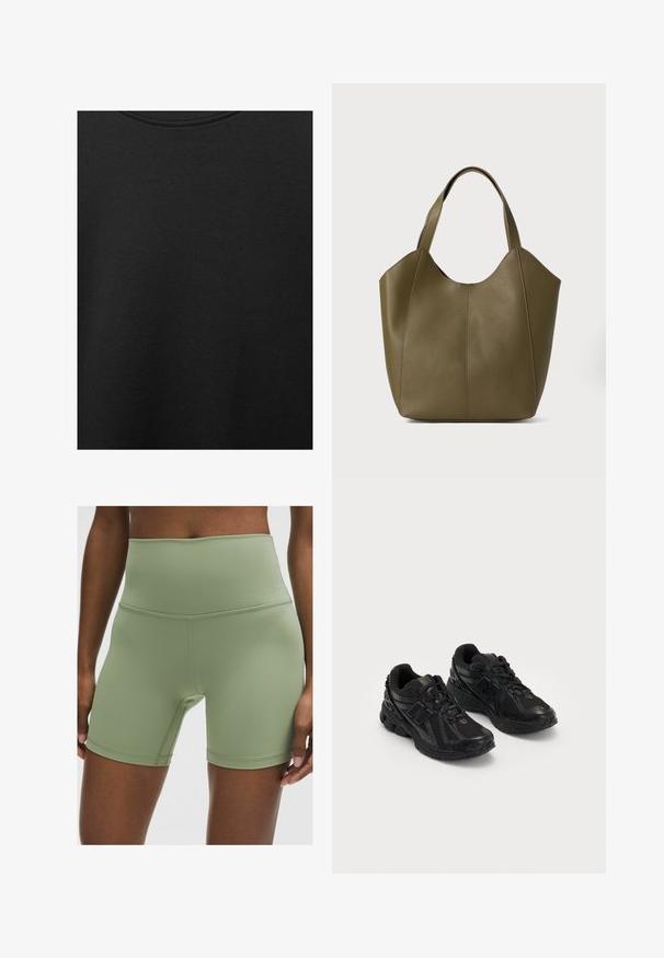 Crni pamučni materijal s glatkom teksturom i okruglim izrezom, s nježnim, ravnomjernim uzorkom. Nema vidljivih logotipa ili akcenata.; Visoke, maslinaste kratke hlače od glatkog, rastezljivog materijala. Imaju ravne šavove i prilagodljiv dizajn za udobnost i fleksibilnost.; Crne atletske tenisice napravljene od mrežastih i sintetičkih materijala. Imaju podstavljeni potplat, teksturirane uzorke i utisnut brend na strani.; Torbica u maslinastoj koži s dvostrukim ručkama, glatke teksture i dizajnom od četiri panela. Ojačane šavove duž šavova za dugotrajnost.