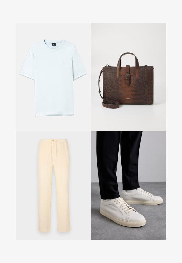 Svijetloplavi pamučni majica kratkih rukava, s okruglom izrezom i malim logotipom svjetlijeg printa na prsima. Glatka tekstura, regular fit.; Svijetlo žute, slobodno krojene hlače od mekog materijala, s elastičnim pojasom i vezicom te ravnim nogavicama.; Svetlo bež usnjeni športni čevlji z ravnimi vezalkami, teksturirano površino in kontrastnim smetanastim gumijastim podplatom, v kombinaciji s črnimi oprijetimi hlačami.; Brašna iz rjave krokodilne usnjene embalaže s zgornjimi ročaji in odstranljivim ramenskim trakom. Ima zapiranje z zaponko in pravokotno obliko.