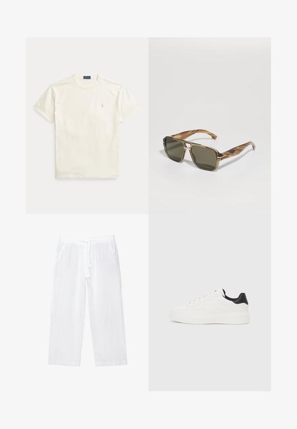 Baumwoll-T-Shirt in Cremefarbe mit kurzen Ärmeln. Verfügt über ein dezentes, auf der linken Brust gesticktes Logo und einen Rundhalsausschnitt.; Weiße Leinen-Culotte mit elastischem Bund, Kordelzug und zwei Seitentaschen. Sanfte Textur und leichtes Design für zusätzlichen Komfort.; Weißes Leder-Sneaker mit geprägtem Muster, strukturierter weißer Zwischensohle und schwarzen Akzenten an der Ferse. Verfügt über eine abgerundete Zehenpartie und flache Schnürsenkel.; BOSS Sonnenbrille - brown