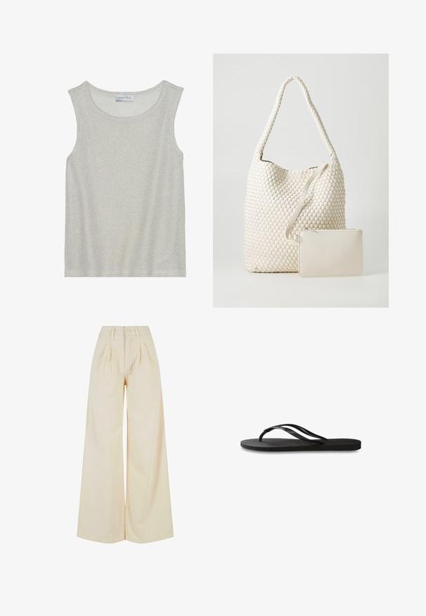 Hellgraues, ärmelloses Oberteil aus einem weichen, strukturierten Strickstoff. Verfügt über einen runden Ausschnitt und eine lockere Passform. Das Etikett innen trägt "ANNA FIELD".; Beige weite Beinkleider mit hoher Taille, ausgestattet mit einem Knopfverschluss und Fältchen-Details. Glattes Gewebe mit weicher Textur.; Schwarze Flip-Flops mit einer strukturierten Gummisohle, zwei schlanken Riemen und einem dezenten, geprägten Logo-Detail auf dem Riemen.; Gewebte weiße Tragetasche mit strukturiertem Muster und langem Riemen; enthält eine kleine passende Reißverschlusstasche.