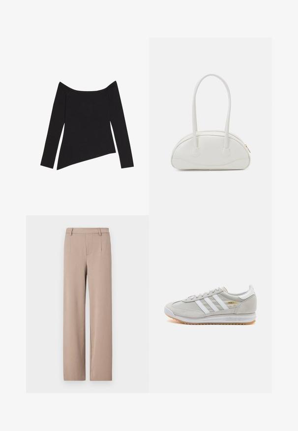 Černý top s odhalenými rameny a dlouhými rukávy, s žebrovanou strukturou a asymetrickým lemem, který zdůrazňuje těsný střih a jemnou tkaninu.; Světle béžové kalhoty s rovnýma nohama, strukturovaným střihem a předními kapsami, hladkým povrchem a pasem.; Světlé šedé tenisky vyrobené z semiše a síťoviny, se třemi bílými pruhy, kulatou špičkou a gumovou podrážkou. Zlatý logo akcent u šněrování.; Even&Odd Kabelka - off-white; Náušnice ve zlatém tónu z kovu s elegantním zakřiveným designem. Vyznačují se jedinečným špičatým tvarem, lesklým povrchem a závěsem na kloub.