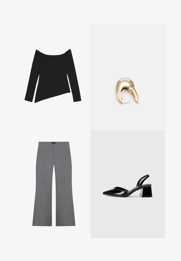 Black off-the-shoulder long-sleeve top with a ribbed texture and an asymmetric hemline, showcasing a fitted design and soft fabric.; Gray flared trousers with a smooth texture, featuring a high waist and a clean design. No visible patterns or hardware details.; Black patent leather slingback heels with a pointed toe and a geometric block heel. Features a sleek, minimal design and smooth texture.; Gold-tone metal earring with a sleek, curved design. Features a distinctive pointed shape, polished surface, and hinge closure.