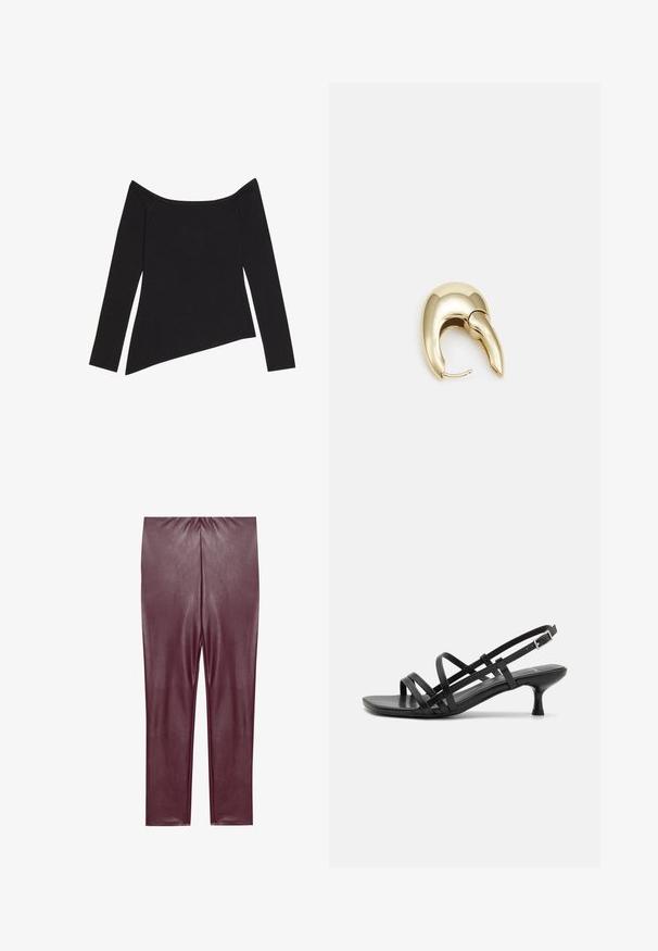Czarny top z odkrytymi ramionami, z długim rękawem, o prążkowanej fakturze i asymetrycznym dolnym obszyciu, prezentujący dopasowany krój i miękki materiał.; Bordowe legginsy z sztucznej skóry o gładkiej fakturze, wysoki stan i dopasowany krój, sięgające do kostek bez dodatkowych detali.; Czarne sandały na obcasie z wieloma krzyżującymi się paskami. Gładki materiał, szpiczasty czubek i wąski obcas. Regulowany pasek wokół kostki z klamrą.; Złote metalowe kolczyki o eleganckim, zakrzywionym kształcie. Posiadają charakterystyczny szpiczasty kształt, polerowaną powierzchnię oraz zapięcie na zawias.
