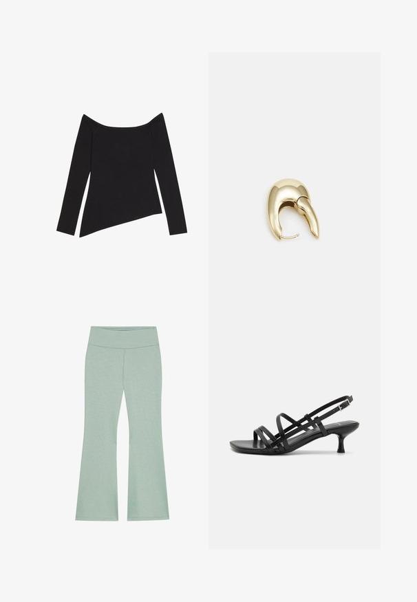 Sort off-the-shoulder langærmet top med ribbet tekstur og en asymmetrisk kant, der fremhæver et tætsiddende design og blødt materiale.; Lys grønne buksestykker med vidde, lavet af blødt, struktureret stof. Har et diskret heather-mønster over det hele.; Sorte hælede sandaler med flere krydsede stropper. Glat materiale, spids tå og smal hæl. Justerbar ankelrem med spænde.; Guldtonet metal ørering med et slankt, buet design. Har en karakteristisk spids form, poleret overflade og hængselåbning.