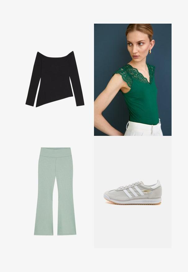 Haut noir à manches longues et épaules dénudées avec une texture côtelée et unOurlet asymétrique, mettant en valeur un design ajusté et un tissu doux.; Pantalons évasés vert clair avec une large ceinture, fabriqués en tissu doux et texturé. Présente un motif chiné subtil sur l'ensemble.; Basket en cuir suédé et mesh gris clair, avec trois bandes blanches, bout rond et semelle en caoutchouc naturel. Accent logo doré près des lacets.; Débardeur vert avec des détails en dentelle à l'épaule et au col, présentant une coupe ajustée et un tissu doux. Assorti à un pantalon de couleur claire.