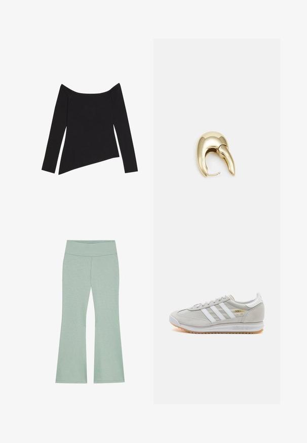 Black off-the-shoulder long-sleeve top with a ribbed texture and an asymmetric hemline, showcasing a fitted design and soft fabric.; Light green flared pants with a wide waistband, made from soft, textured fabric. Features a subtle heather pattern throughout.; Light grey sneaker made of suede and mesh, featuring three white stripes, round toe, and a gum rubber sole. Gold logo accent near laces.; Gold-tone metal earring with a sleek, curved design. Features a distinctive pointed shape, polished surface, and hinge closure.