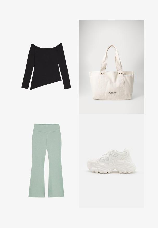 Sort off-the-shoulder langærmet top med ribbet tekstur og en asymmetrisk kant, der fremhæver et tætsiddende design og blødt materiale.; Lys grønne buksestykker med vidde, lavet af blødt, struktureret stof. Har et diskret heather-mønster over det hele.; Hvide chunky sneakers med en tekstureret overdel, mesh-paneler og tykke gummisåler med et markant dækmønster. Snørebånd og en pull-tab medfølger.; Canvas tote taske i lys beige med to robuste håndtag, kontrasterende hvid trim og logoet "THE NORTH FACE" i sort foran.