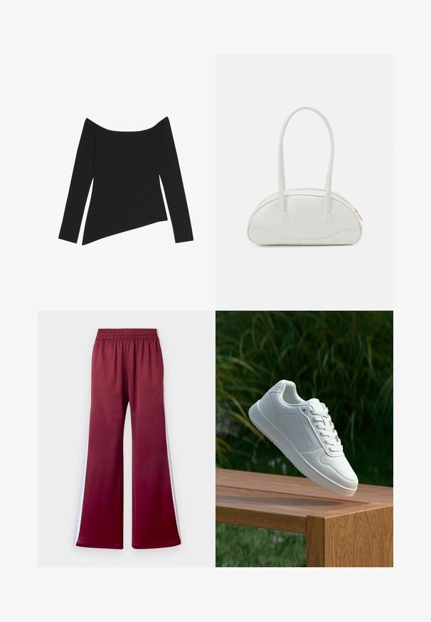 Zwarte off-shoulder top met lange mouwen, voorzien van een geribbelde textuur en een asymmetrische zoom, die een aansluitend ontwerp en zachte stof presenteert.; Bordeauxrode relaxed-fit broek met een elastische tailleband, voorzien van witte zijstrepen en een gladde stoftextuur. Wijd beenontwerp.; Witte sneaker met een gladde synthetische bovenkant, geperforeerde neus, platte veters en een gestructureerde zool, tentoongesteld op een houten oppervlak.; Even&Odd Handtas - off-white; Gouden metalen oorbel met een slank, gebogen ontwerp. Beschikt over een kenmerkende puntige vorm, gepolijste oppervlakte en scharnier sluiting.