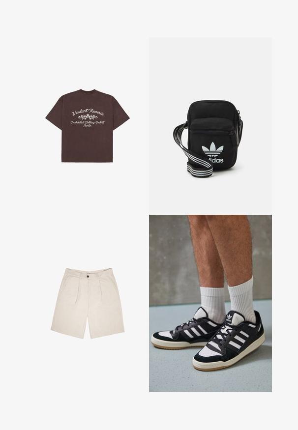 Tumepruun lühikeste varrukatega T-särk, millel on valge lilleline graafika ja tekst "Verdant Reverie, Prohibited Clothing GmbH Berlin" seljal.; Beige lühikesed püksid pehmest kangast, sileda esiotsaga, kahe voltiga, vöödega ja küljetaskutega. Üksik nööp sulgemiseks vöökohtadel.; Mustvalged ja valged spordijalatsid, mille pealmine osa on valmistatud suede'ist ja nahast. Kingadel on kolm valget riba, auguline varvas ja kummist tald.; Mustmust värvi risti koti, millel on tõmblukuga sulgemine, valge Adidas'i logo ja triibuline reguleeritav rihm mugavaks kandmiseks.