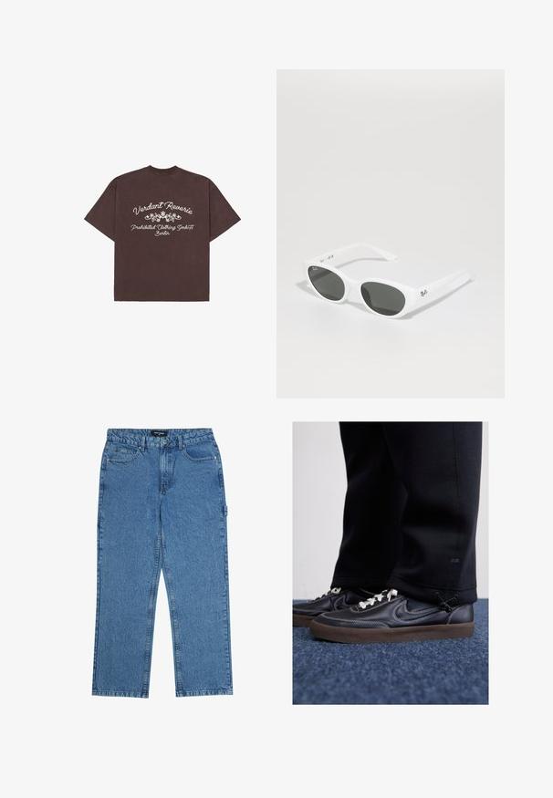 Tumepruun lühikeste varrukatega T-särk, millel on valge lilleline graafika ja tekst "Verdant Reverie, Prohibited Clothing GmbH Berlin" seljal.; Sinised teksapüksid sirge lõikega, viie taskuga, nööbiga kinnitamine ja vöökohad. Kangas on tekstureeritud viimistlusega.; Nike Sportswear KILLSHOT 2 LTR PRM OPP2 - Tossud - black sail baroque brown mtlc dk grey; Valged prillid ümarate raamidega ja tumedate läätsedega. Omab siledat plastikutekstuuriga ja väikest logo tempel.