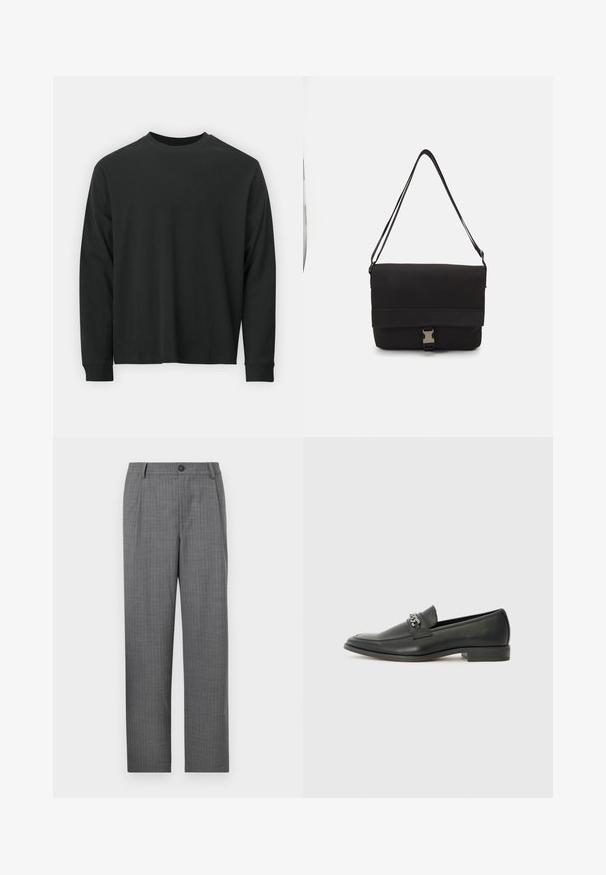 Čierne tričko s dlhým rukávom vyrobené z bavlny, s okrúhlym výstrihom, vo voľnom strihu a rebrovanými manžetami. Hladká textúra bez viditeľných vzorov.; Šedé priliehavé nohavice s jemným prúžkovaným vzorom, predným zapínaním na gombík a rovnom strihom. Bez viditeľných vreciek.; Čierne kožené loafers s hladkým povrchom, s prešitým dizajnom a dekoratívnym kovovým reťazovým akcentom cez priehlavok. Plochý podpätok.; Čierna taška na rameno vyrobená z hladkého materiálu, s preklápacím vrchným dielom, striebornými kovový ktorými a nastaviteľným ramenným popruhom.