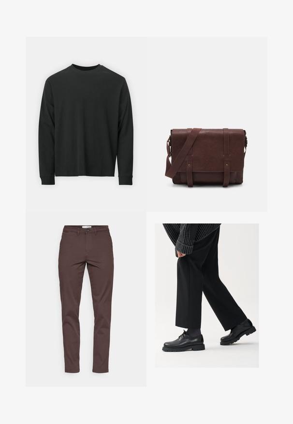 Langermet svart T-skjorte laget av bomull, med rund hals, løs passform og ribbestrikkede mansjetter. Glatt tekstur uten synlige mønstre.; Brune bomulls chinos med rett ben-design, frontlommer, knappelukking og en ren finishing ved bunnen.; Sorte skinnsko med rund tupp, snøring og tykk, teksturert såle. Brukt med skreddersydde svarte bukser og en ribbet genser.; Brun lær messenger bag med en flat frontklaff, to stropper, gullfargede detaljer og en justerbar skulderrem.
