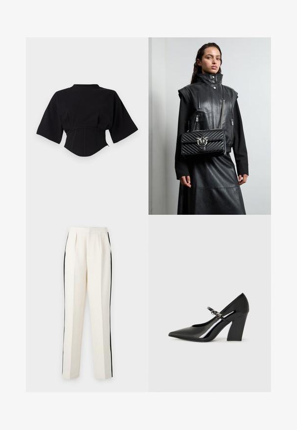 Crop top noir en tissu doux, doté d'une taille ajustée, de larges manches et d'un col montant avec des détails de couture apparents.; Pantalons de couleur crème avec des bandes latérales noires, présentant une coupe droite et un devant plissé, fabriqués à partir d'un tissu texturé.; Chaussure à talon haut en cuir verni noir avec un bout pointu, un talon épais et une sangle avec des détails en métal.; Gilet en cuir noir avec col haut, poches zippées, et un sac à main noir matelassé avec un accent en métal argenté, porté avec une longue jupe noire.