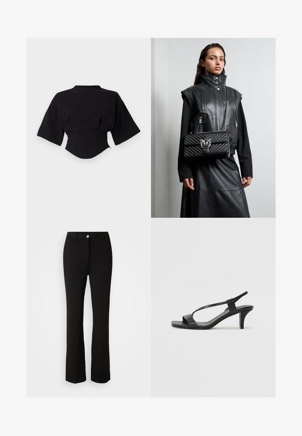 Melna īsā blūze no mīksta auduma, ar pieguļošu jostasvietu, platām piedurknēm un imitētu apkakli ar redzamām šuvēm.; Guess ZOE PANTS - Auduma bikses - jet black; Melni papēžu sandaļi ar šauru siksniņu dizainu, kvadrāta purngalu un vidēja augstuma blokveida papēdi. Izgatavoti no gludas ādas ar matētu apdari.; Melnas ādas veste ar augstu apkakli, ar rāvējslēdzēja kabatām un melnu, kubelētu rokassomu ar sudraba detaļām, valkāta ar garu melnu svārku.