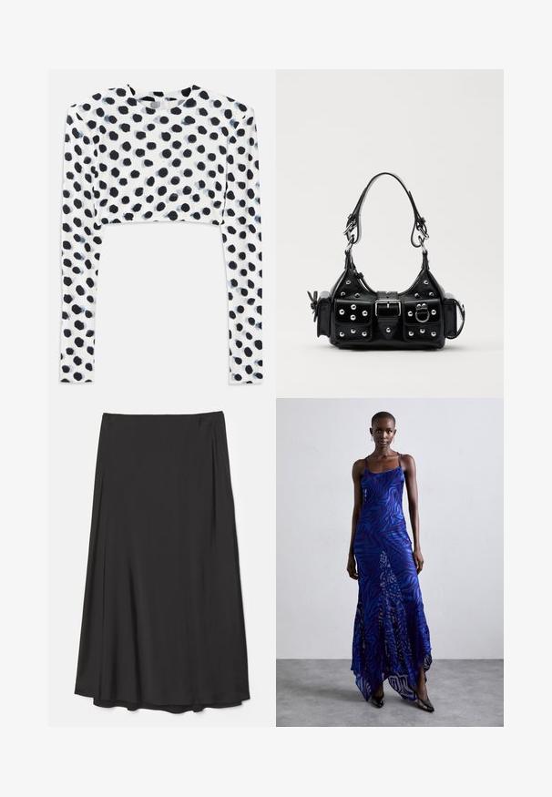 Krótką bluzkę z długim rękawem z elastycznego białego materiału z czarnym wzorem w kropki, o gładkiej fakturze i okrągłym dekolcie.; Czarna spódnica do kolan wykonana z gładkiego materiału; charakteryzuje się swobodnym krojem z miękkimi fałdami i bez widocznych zapięć.; Maxi sukienka w niebiesko-fioletowy wzór zwierzęcy, z cienkimi ramiączkami, dopasowanym gorsetem, rozkloszowanym dołem i przeźroczystymi detalami.; Czarna skórzana torebka w zakrzywionym kształcie, z srebrnymi ćwiekami, klamrą i dwoma bocznymi kieszeniami. Regulowany pasek umożliwiający różne opcje noszenia.
