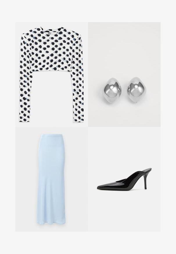 Skraćeni dugi rukavi top od rastezljivog bijelog materijala s crnim točkicama, glatke teksture i okruglog izreza.; Svijetloplava, suknja od satena do poda s uskim strukom i laganim proširenjem na dnu na bijeloj pozadini.; Crne lakirane kožne visoke potpetice mule s šiljastim prstom i elegantnom siluetom, s otvorenom poleđinom i vitkom stiletto potpeticom.; Srebrne metalne naušnice s glatkim, zaobljenim oblikom, s poliranim završetkom i reflektirajućom površinom. Minimalistički dizajn bez ukrasa.