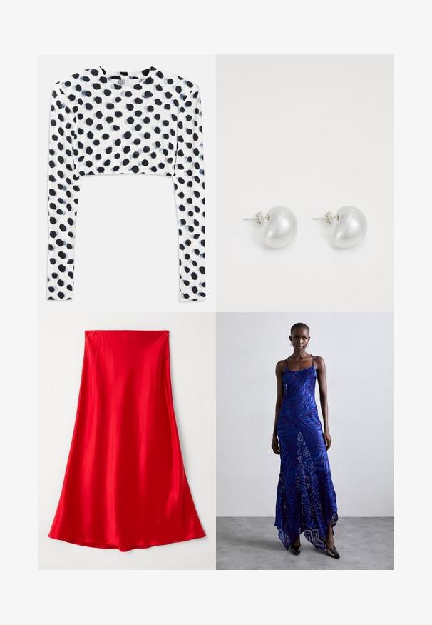 Top lungo e aderente, a maniche lunghe, in tessuto bianco elasticizzato con stampa a pois neri, caratterizzato da una superficie liscia e scollatura rotonda.; Gonna rossa in satin con una texture liscia, di lunghezza completa, e un design fluente che si restringe all'orlo. Colore semplice e uniforme senza embellishments.; Abito maxi con stampa animale blu e viola, con spalline sottili, corpetto aderente, orlo svasato e dettagli in overlay trasparente.; Orecchini in perla argentata con forma curva a fagiolo. Superficie liscia e lucida, fissati con chiusura a perno e retro.