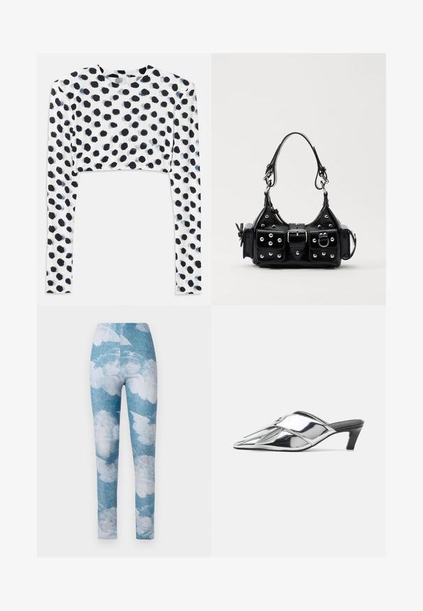 Haut court à manches longues en tissu extensible blanc avec un motif à pois noirs, possédant une texture lisse et un col rond.; Leggings avec un fond en denim bleu et des motifs de nuages blancs. Le tissu semble extensible avec un design ajusté et une longueur au niveau de la cheville.; Mules métalliques argentés à talons avec un bout pointu, des brides croisées, un petit talon carré et une texture de surface lisse et brillante.; Sac à main en cuir noir au design courbé, avec des clous en argent, une boucle et deux poches latérales. Bandoulière réglable pour différentes options de transport.