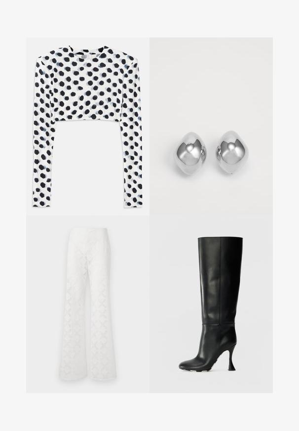 Cropped long-sleeve top in stretchy white fabric featuring a black polka dot design, with a smooth texture and round neckline.; White flared pants made of textured fabric featuring a diamond pattern. The waistband is smooth, with no visible hardware or accents.; Black leather knee-high boot with a fitted shaft and pointed toe. Features a distinctive curved heel and smooth textured surface.; Silver metal earrings with a smooth, rounded shape, featuring a polished finish and reflective surface. Minimalist design with no embellishments.