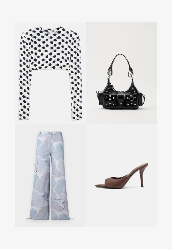 Kortärmad topp i stretchigt vitt tyg med ett svart prickmönster, med en mjuk textur och rund halsringning.; Stora cargobyxor i en ljusblå och grå molnmönster, med en sidoficka och justerbar dragsko vid fållen.; Bruna lädersandaler med öppen tå och hög klack, med en stilren design som har ett brett framrem och en smal stilettklack.; Svart läderhandväska med en kurvad design, prydd med silverfärgade nitar, ett spänne och två sidofickor. Justerbar rem för olika bäralternativ.