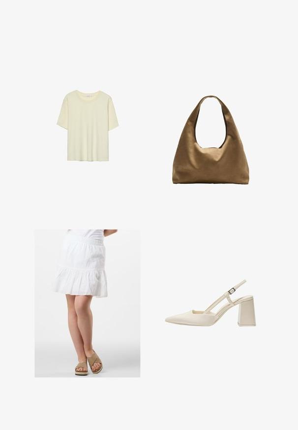 Helles beige T-Shirt mit kurzen Ärmeln, aus weichem Stoff gefertigt, mit rundem Halsausschnitt und lockerer Passform, ohne Muster oder Verzierungen.; Weißer Baumwollrock mit einem gestuften Volantdesign, das mit Lochstickereidetails verziert ist. Mit einem elastischen Bund und getragen mit beigen Espadrilles.; Beige Slingback-Schuhe mit spitzer Zehenpartie, glanzvollem Lackfinish, mittelhohem Blockabsatz und verstellbarem Riemen. Minimalistisches Design mit offenen Seiten.; Braune Stoffschultertasche mit einem breiten, runden Körper und einem großen Ausschnittgriff. Sanfte Textur, minimalistisches Design und keine sichtbaren Beschläge.