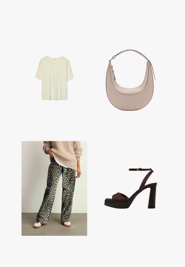 Svetlo béžové tričko s krátkym rukávom vyrobené z mäkkej látky, s okrúhlym výstrihom a voľným strihom, bez vzorov alebo ozdôb.; Nohavice s predným vzorom v čiernej a šedej farbe so širokým strihom, vyrobené z mäkkej tkaniny, v kombinácii s béžovým pleteným sveterom a svetlými topánkami.; Hnedé semišové sandále na vysokom podpätku s otvorenou špičkou, nastaviteľným členkovým remienkom a pruhovanou platformovou podrážkou.; Béžová kožená taška cez rameno s polkruhovým tvarom, hladkou textúrou a jedným zakriveným uchom. Obsahuje zipsové uzatváranie a úhľadné švy.