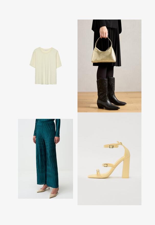 T-shirt beige chiaro a maniche corte realizzato in tessuto morbido, con scollatura rotonda e vestibilità rilassata, senza motivi o decorazioni.; Pantaloni ampi plissettati in teal realizzati in un tessuto lucido, con righe verticali e una vita comoda. Abbinati a scarpe con tacchi alti di colore nude.; Sandali gialli con tacco blocco, dotati di tre cinturini regolabili, design a punta quadrata, materiale sintetico liscio e fibbie in tonalità argento.; Borsa a tracolla dorata con una forma curva e manico corto, tenuta da una persona che indossa una gonna plissettata nera e stivali da cowboy in pelle nera.