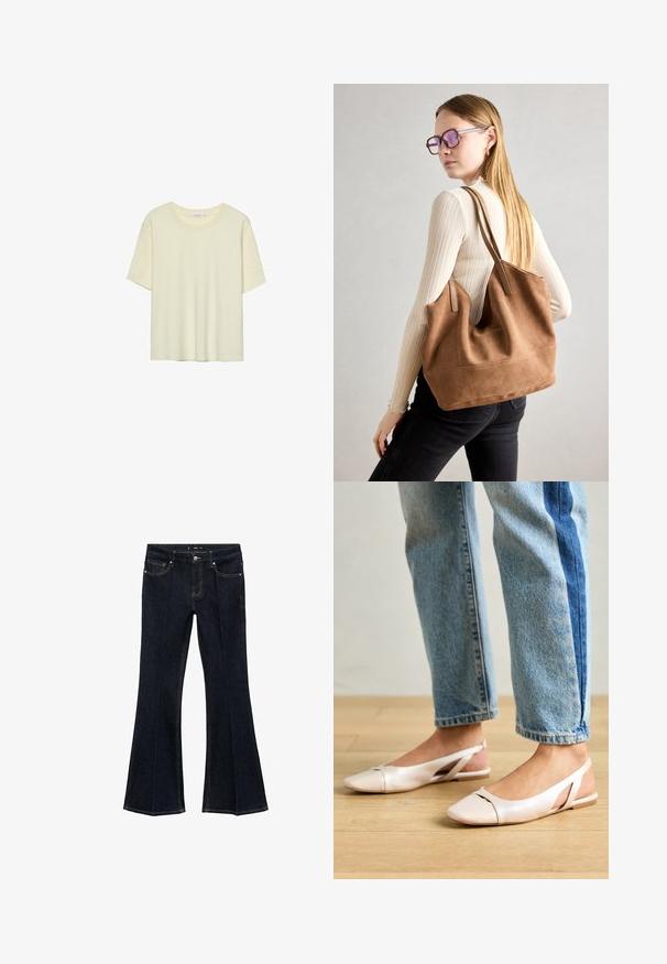 Ljusbeige t-shirt med kort ärm, tillverkad av mjukt tyg, med rund halsringning och avslappnad passform, utan mönster eller dekorationer.; Mörkblå jeans i denim med hög midja, framfickor och vidare ben, uppvisade platt på en vit bakgrund.; Ljust rosa slingback-lägenheter med spetsig tå, tillverkade av ett slätt läderliknande material. Har utskurna detaljer på sidorna och en platt häl.; Brun mocka toteväska med mjuk textur, stor öppning och långa axelremmar. Har en enkel design med synliga sömmar och ingen hårdvara.