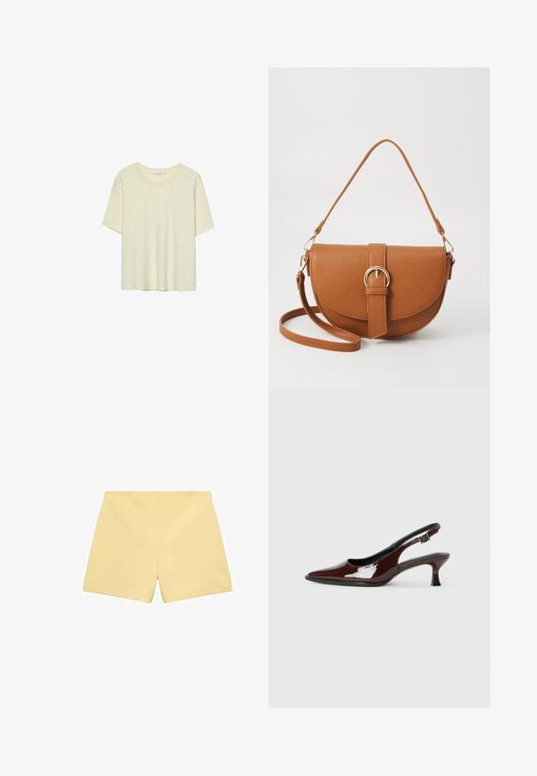 Helles beige T-Shirt mit kurzen Ärmeln, aus weichem Stoff gefertigt, mit rundem Halsausschnitt und lockerer Passform, ohne Muster oder Verzierungen.; Mango Shorts - light yellow; Braune Lackleder-Slingback-Schuhe mit spitzer Zehe und moderatem Absatz. Mit einem Schnallenriemen für einen sicheren Sitz. Glatte Textur.; Braune Leder-Crossbody-Tasche mit geschwungener Form, goldfarbenen Beschlägen und einer Schnallenakzentuierung. Verfügt über einen abnehmbaren Schultergurt.
