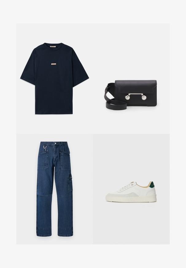 Tumesinine T-särk, mis on valmistatud puuvillast, lühikeste varrukatega, ümmarguse kaelusega ja esiküljel väike punase ja valge logopatch.; Tumedat sinised denim-reetega cargo püksid sirge lõikega, millel on mitmed taskud, metallist detailid ja kontrastne õmblus.; Valged tennisjalanõud, millel on sametised aktsendid, ümar varvas, lame nöörid ja kreemjas kummine põhja. Hästi nähtav roheline bränding kannal.; Must со хsaid crossover kottiga black nahka, mis on varustatud klapiga sulgemisega, hõbedased detailid ja kaks ümmargust aksessuaar. Omab eemaldatavat rihma. Sile tekstuur.