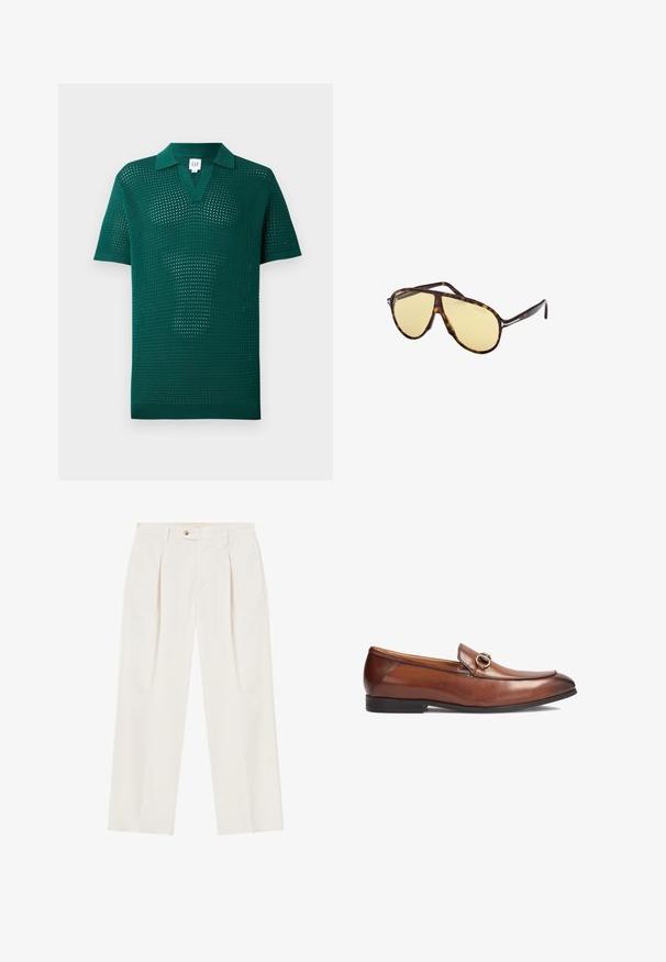 Polo de punto verde con una textura de tejido abierto, mangas cortas y un cuello clásico. Presenta un diseño de escote en V y un dobladillo acanalado.; Pantalones blancos de pierna ancha con pliegues en la parte delantera, un cierre de un solo botón y bolsillos laterales. Textura suave y diseño entallado.; Mocasines de cuero marrón con punta redondeada, detalles de costura y un acento decorativo de hebilla de metal en la parte frontal. Suela de goma.; Gafas de sol de carey con lentes amarillos. Forma de aviador con doble puente y acentos metálicos. Superficie suave y diseño elegante.; Reloj rectangular de oro rosa con una esfera blanca, marcadores de hora minimalistas y una pulsera metálica vinculada. Presenta una corona en el lado derecho.; Collar de cadena en tono dorado que presenta un sencillo colgante en forma de cruz. La cadena tiene una textura con un diseño de eslabones finos, y el colgante es liso con un acabado pulido.