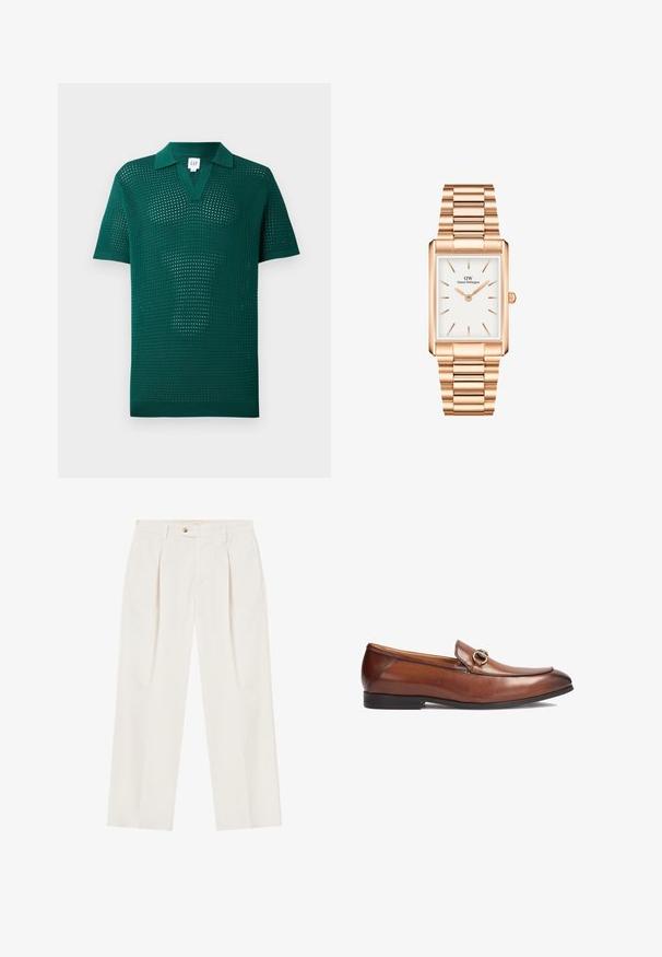 Zielona dzianinowa koszulka polo z teksturowanym, otwartym splotem, krótkimi rękawami i klasycznym kołnierzykiem. Posiada dekolt w serek oraz ściągacz na dole.; Białe, szerokie spodnie z kantem z przodu, jednolitym zapięciem na guzik i bocznymi kieszeniami. Gładka tekstura i dopasowany krój.; Brązowe skórzane loafersy z okrągłym noskiem, przeszyciami i dekoracyjnym metalowym zapięciem z przodu. Gumowa podeszwa.; Prostokątny zegarek w różowym złocie z białą tarczą, minimalistycznymi znacznikami godzinowymi i metalową bransoletą na ogniwach. Posiada koronkę po prawej stronie.