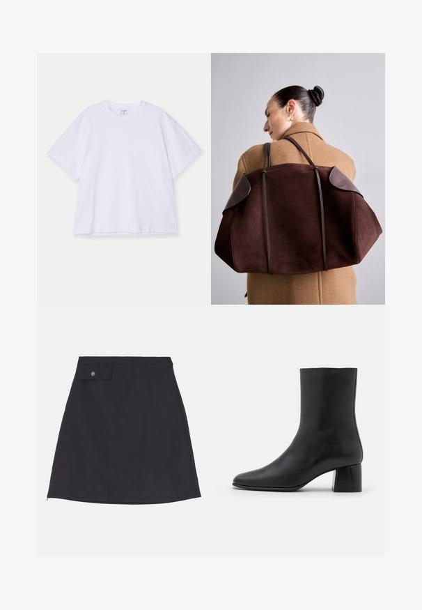 Tricou alb cu mânecă scurtă, fabricat din bumbac. Previne un guler rotund, o croială lejeră și o textură netedă. Design simplu, fără modele sau accente.; Fustă neagră din bumbac, cu o siluetă dreaptă, având o zonă cu buzunar cu nasture, fermoar pe lateral și o textură a materialului netedă.; Botine negre din piele, cu vârf ascuțit și toc pătrat masiv. Textură netedă, cu un design fără cusături și cusături minimaliste.; Geantă din suede maro cu accente de piele închisă, având o formă structurată și două curele, purtată pe umăr lângă un palton bej.