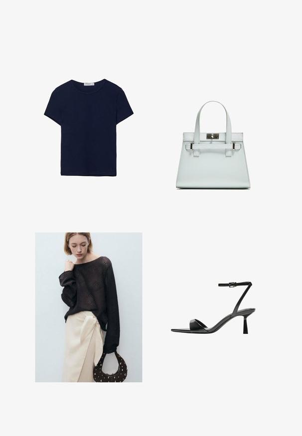 Torbá modra bombažna majica s kratkimi rokavi in okroglim izrezom, z gladko teksturo in ravnim robom, brez vzorcev ali dodatkov.; Rjav pleten pulover z velikanskimi rokavi, v kombinaciji z bež zavitim krilom z bočno zanko. Dodatki vključujejo okroglo, zakovikano rjavo torbico.; Bershka Sandali z visoko peto - black; Svetlo modra torbica z oblikovano zasnovo, dvema ročkama in kljuko iz srebrno-toniranega materiala. Teksturni material in ostri koti.
