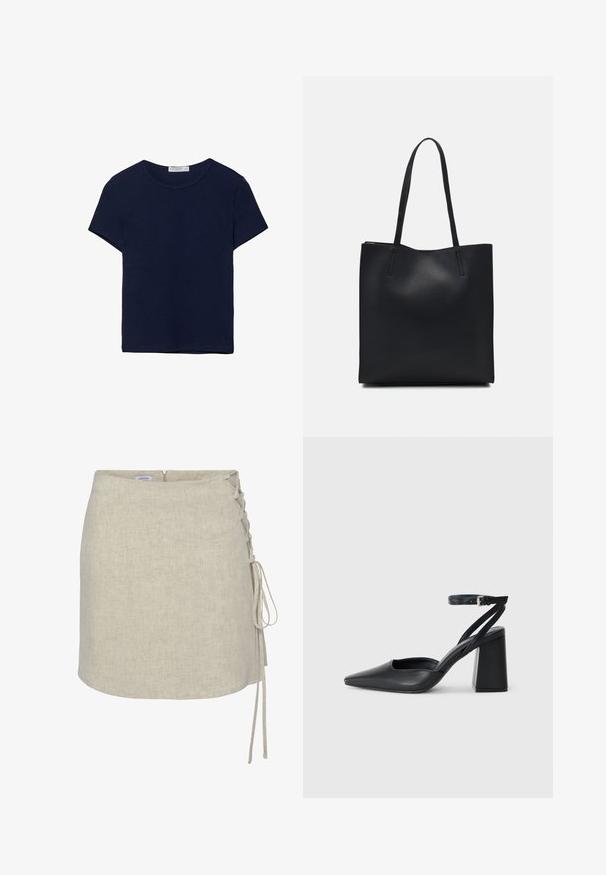 Torbá modra bombažna majica s kratkimi rokavi in okroglim izrezom, z gladko teksturo in ravnim robom, brez vzorcev ali dodatkov.; Bež krilo iz lanenega blaga z detajlom vezanja na levi strani, ravnim krojem in zadrgo na hrbtu. Gladek, teksturiran material.; Črne usnjene klasične čevlje z ostrim nosom, z zaponko za gleženj in debelim peto. Ravna tekstura, eleganten dizajn in minimalistična estetika.; Črna usnjena torba s svilnato teksturo, pravokotne oblike in dvema dolgima ročajema. Brez vidnih metalnih delov ali okrasnih elementov.