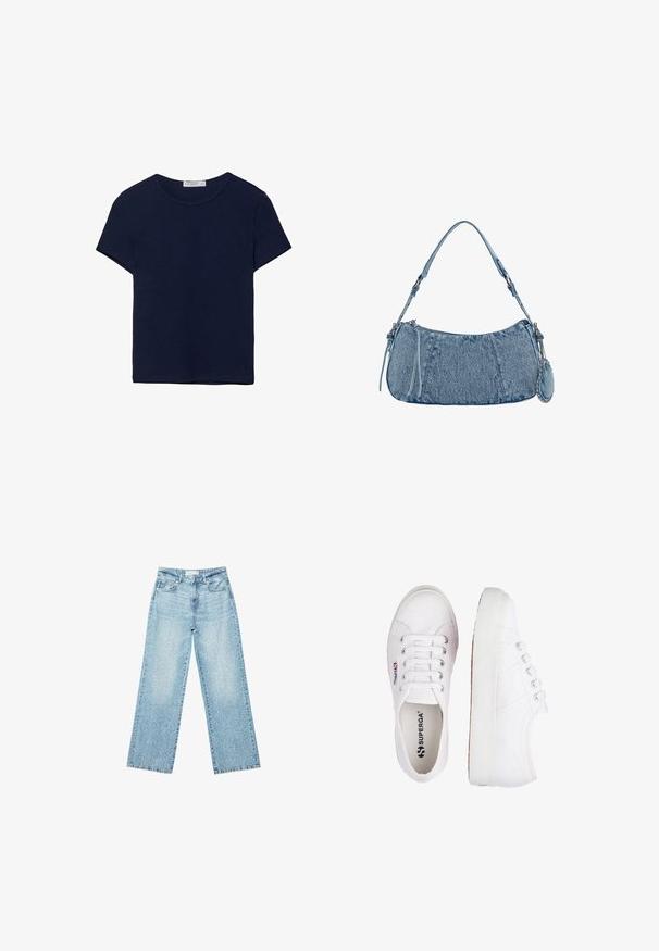 Navyblaues Baumwoll-T-Shirt mit kurzen Ärmeln und Rundhalsausschnitt, das eine glatte Textur und einen geraden Saum ohne Muster oder Verzierungen aufweist.; Helle blaue Denim-Jeans mit weitem Bein und hoher Taille, im lässigen Look mit einem ausgewaschenen Finish und kleinen, verstreuten Used-Effekten.; Superga 2730 - Sneaker low - white; Denim-Handtasche mit geschwungener Form, hellblauer Farbe, verstellbarem Schultergurt und einem kleinen abnehmbaren Täschchen mit metallischen Akzenten.
