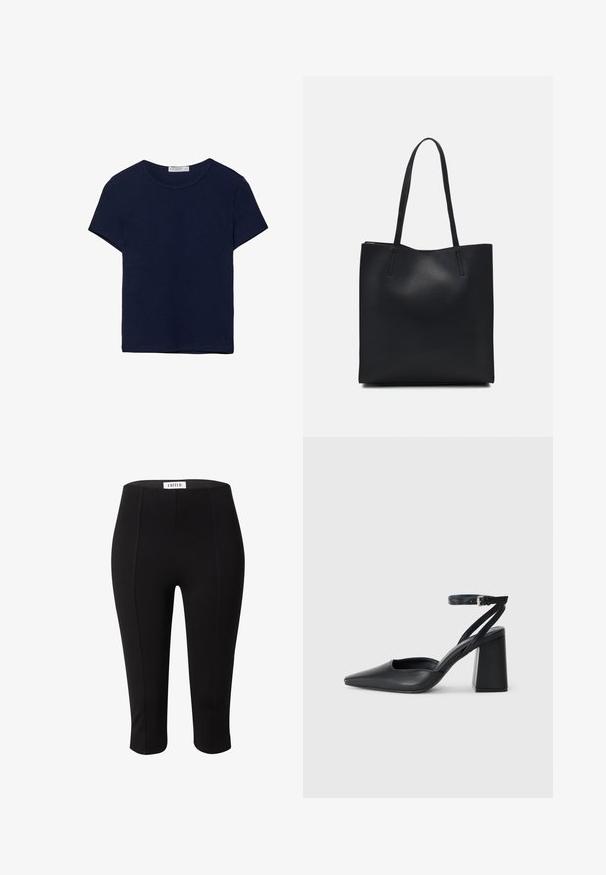 Navyblaues Baumwoll-T-Shirt mit kurzen Ärmeln und Rundhalsausschnitt, das eine glatte Textur und einen geraden Saum ohne Muster oder Verzierungen aufweist.; Schwarze Capri-Leggings aus dehnbarem Stoff, mit hohem Bund und glatter Textur, ohne sichtbare Muster oder Verzierungen.; Schwarze Leder-Pumps mit spitzer Zehe, einem Knöchelriemen und einem blockigen Absatz. Flache Textur, elegantes Design und minimalistische Ästhetik.; Schwarze Laptoptasche aus Leder mit glatter Textur, rechteckiger Form und zwei langen Griffen. Keine sichtbaren Beschläge oder Verzierungen.