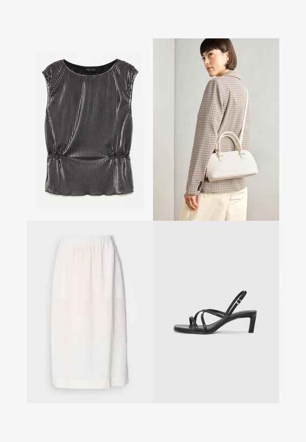 Fémes fekete ujjatlan blúz pliszézett mintával, kerek nyakkivágással és redőzött aljjal. A márkajelzés "ANNA FIELD" látható belül.; Világos bézs szoknya, puha anyagból készült, rugalmas derékrésszel és egyenes szabással. Sima textúra, látható minták nélkül.; Fekete pántos szandál négyzetes orral és alacsony blokk sarkal. Több vékony pánttal és állítható boka pánttal rendelkezik. Sima bőrből készült.; Fehér, strukturált kézitáska rövid füllel és vállpánttal, arany színű fém kiegészítőkkel és texturált anyagból, szürke háttér előtt bemutatva.