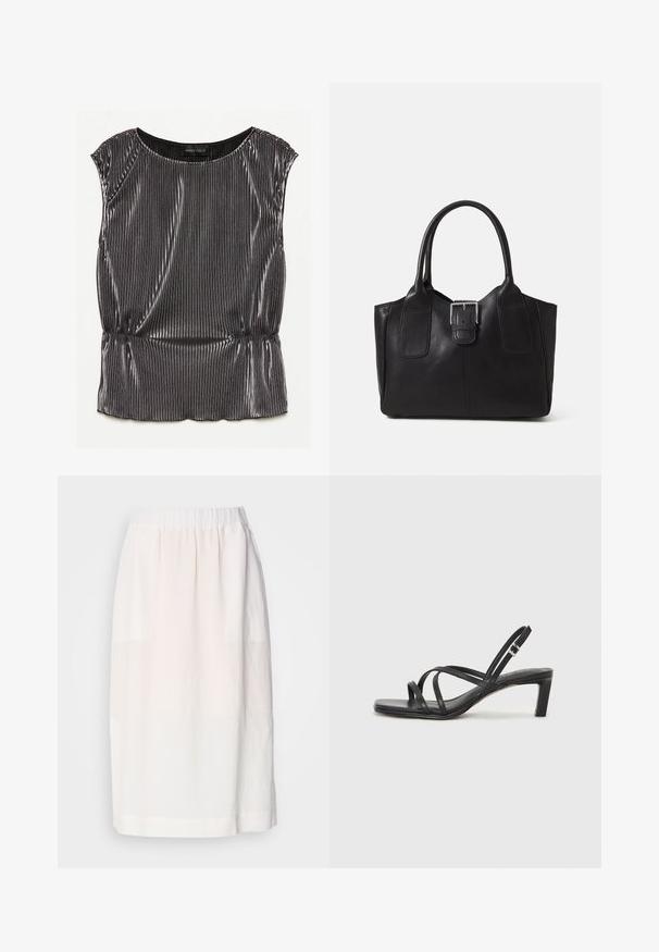 Metalna črna brezrokavnik z nabranim dizajnom, ovalnim izrezom in nabranim robom. Znamka "ANNA FIELD" je vidna znotraj.; Svetlo bež krilo iz mehkega blaga, z elastičnim pasom in ravno silhueto. Gladka tekstura brez vidnih vzorcev.; Črne natikače s trakovi in kvadratnim prstom ter nizkim blokastim peto. Imajo več tankih trakov in nastavljiv trak okoli gležnja. Narejene so iz gladkega usnja.; Črna usnjena torba s gladko teksturo, strukturirano obliko, dvema ročkama in izrazitim srebrnim sponko na sprednji strani.