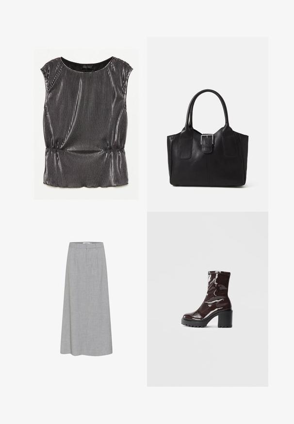 Metallinen musta ilman hihoja oleva toppi, jossa on laskostettu muotoilu, pyöreä pääntie ja kerätty helma. Brändilogo "ANNA FIELD" näkyvissä sisällä.; Harmaa, polvipituinen hame, jossa on sileä pinta ja hienovarainen heather-kuvio. Sisältää litteän etuosan, jossa on poimutuksia, ja muotoillun vyötärönauhan.; Satea bordeaux berwarna mengkilap dengan tumit hitam tebal, menampilkan tekstur halus dan desain sederhana. Tanpa pengikat atau pola yang terlihat.; Musta nahkainen olkalaukku, jossa on sileä pinta, ryhdikäs muoto, kaksi kahvaa ja silmienpistävä hopeinen solkiyksityiskohta edessä.