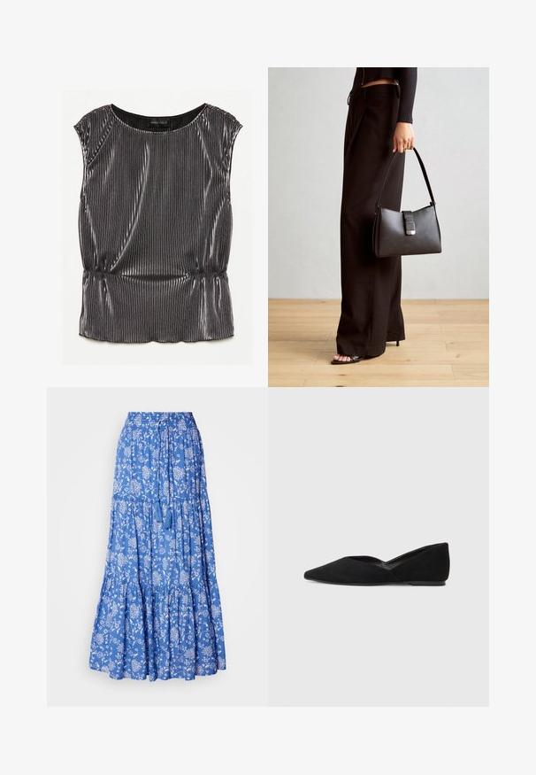 Fémes fekete ujjatlan blúz pliszézett mintával, kerek nyakkivágással és redőzött aljjal. A márkajelzés "ANNA FIELD" látható belül.; Kék virágmintás maxi szoknya fehér mintákkal, ráncolt rétegekkel és zsinóros derékrésszel, melynek szegélyén bojtok találhatók. Pamut anyag.; Fekete velúr lapos cipő, hegyes orral és V-alakú kivágással az oldalán. Simább textúrával és alacsony profilú talppal rendelkezik.; Fekete kézi táska strukturált formával, sima textúrával és fémből készült záródással. Széles fekete nadrággal és nyitott orrú szandállal párosítva, fából készült padlón.