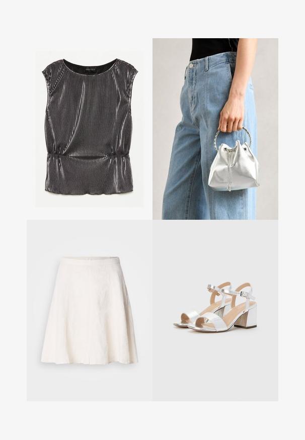Metallic black sleeveless top with a pleated design, rounded neckline, and gathered hem. Brand label "ANNA FIELD" visible inside.; White linen skirt with a flowing, A-line design. Features a smooth waistband and lightweight texture with subtle creases.; Silver high-heeled sandals with open toes, featuring two wide straps and a rounded block heel. Smooth texture with metallic finish.; Metallic silver bucket bag with a textured finish, adorned with a silver round handle and drawstring closure, held against light blue jeans.