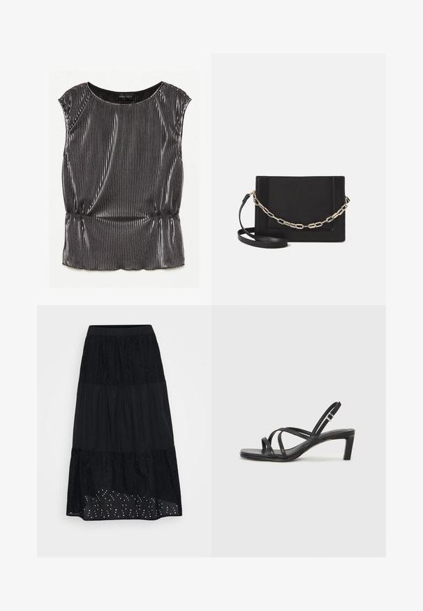 Top metalic negru fără mâneci, cu un design plisat, gât rotund și tiv strâns. Eticheta brandului "ANNA FIELD" este vizibilă în interior.; Fustă neagră în straturi cu un strat superior brodat, cu textură pe partea de jos și detalii din dantelă aproape de tiv. Talie elastică pentru confort și adaptare.; Sandal cu barete negre, cu vârf pătrat și toc mic de bloc. Prezintă mai multe barete subțiri și o bareta ajustabilă la gleznă. Fabricat din piele netedă.; Geantă de umăr din piele neagră, cu o textură netedă, formă rectangulară și un detaliu din lanț metalic în față. Include curea reglabilă.